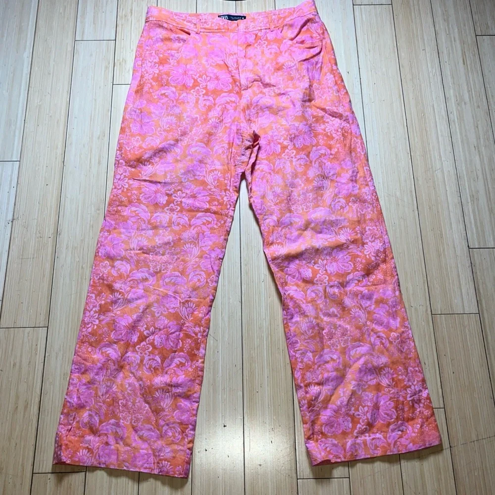 Zara Pink and Orange Floral Pants size large wide leg women’s - Picture 2 of 6